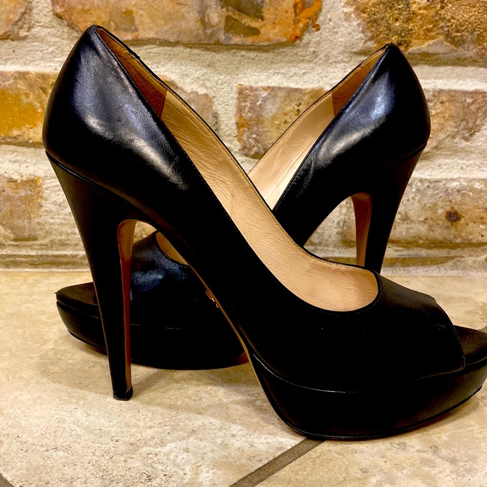 Prada Peep Toe Black Platform Heels
